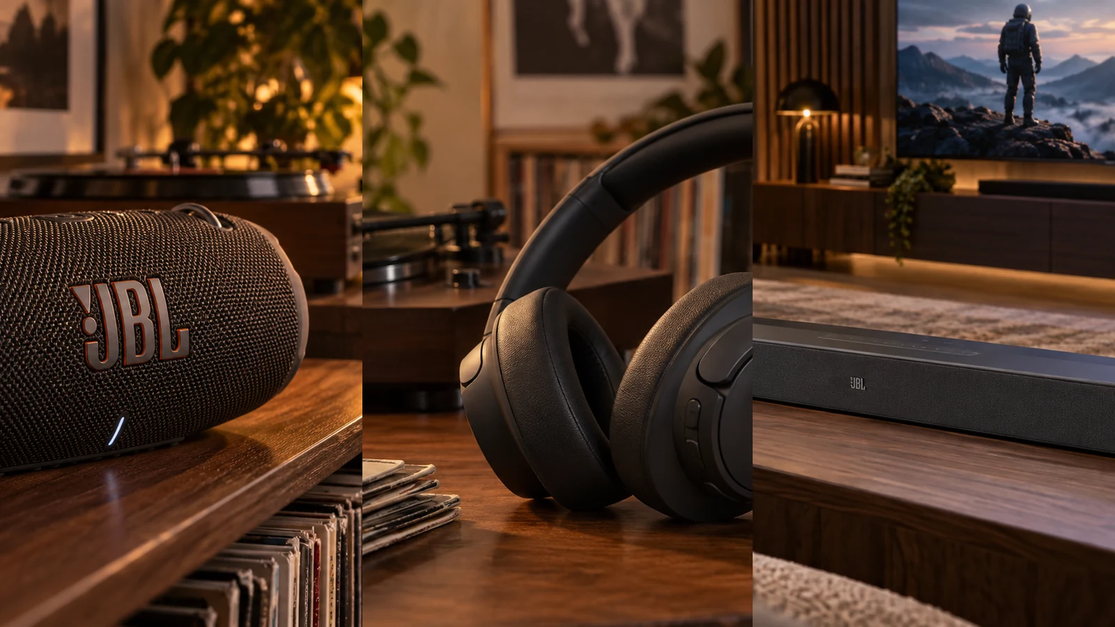 JBL Produktübersicht mit portablem Lautsprecher, Kopfhörer und Soundbar