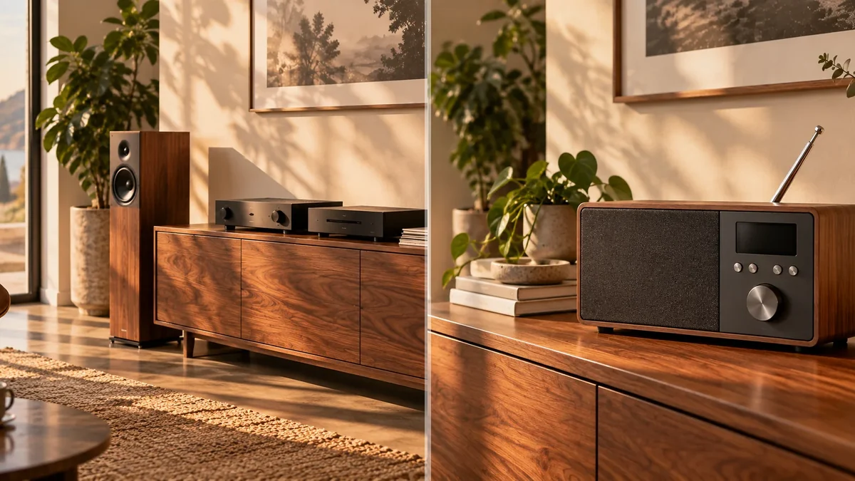 Kompaktes All-in-One-Musiksystem im Vergleich mit separater Stereoanlage