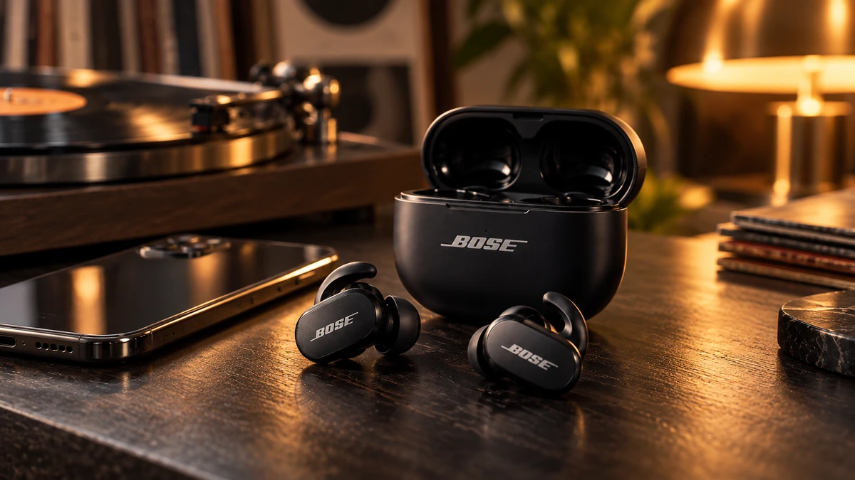 Fotorealistische, inszenierte Produktgrafik zu Bose QuietComfort Earbuds II im Check: älteres ANC-Modell richtig einordnen