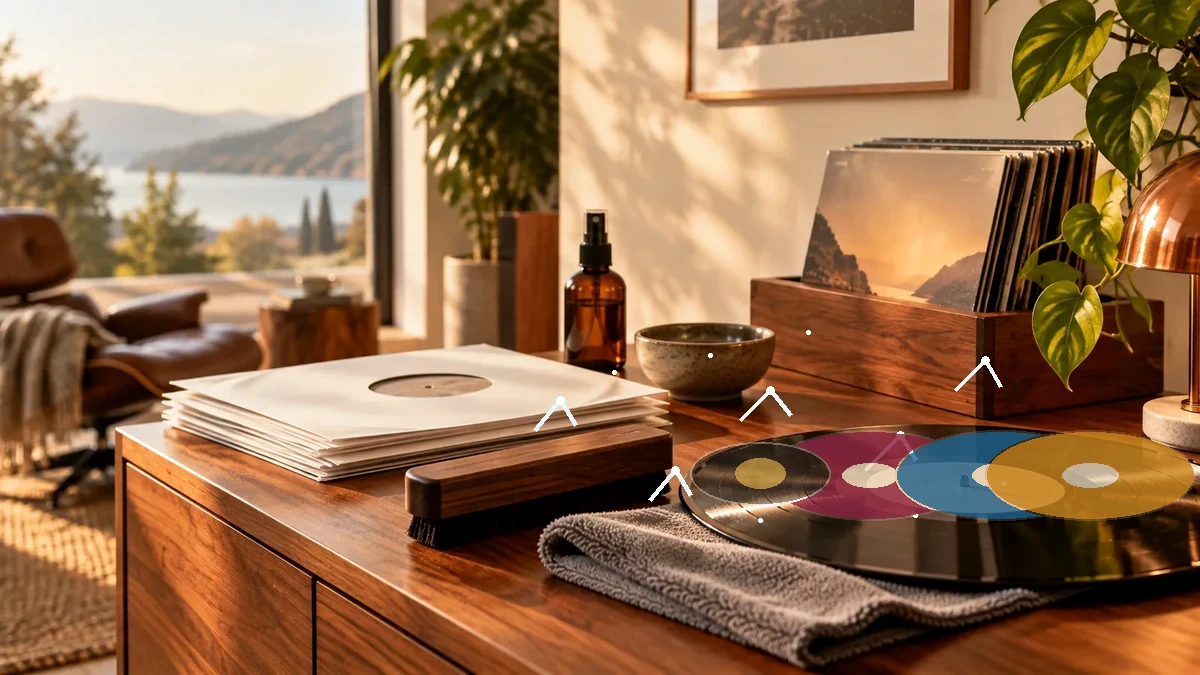 Mehrere farbige Schallplatten in einer warmen Vinyl-Hörumgebung