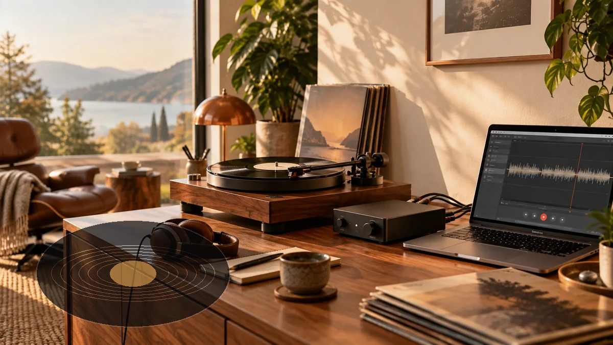 Plattenspieler, Audiotechnik und Aufnahmemonitor als Illustration für Half-Speed Mastering