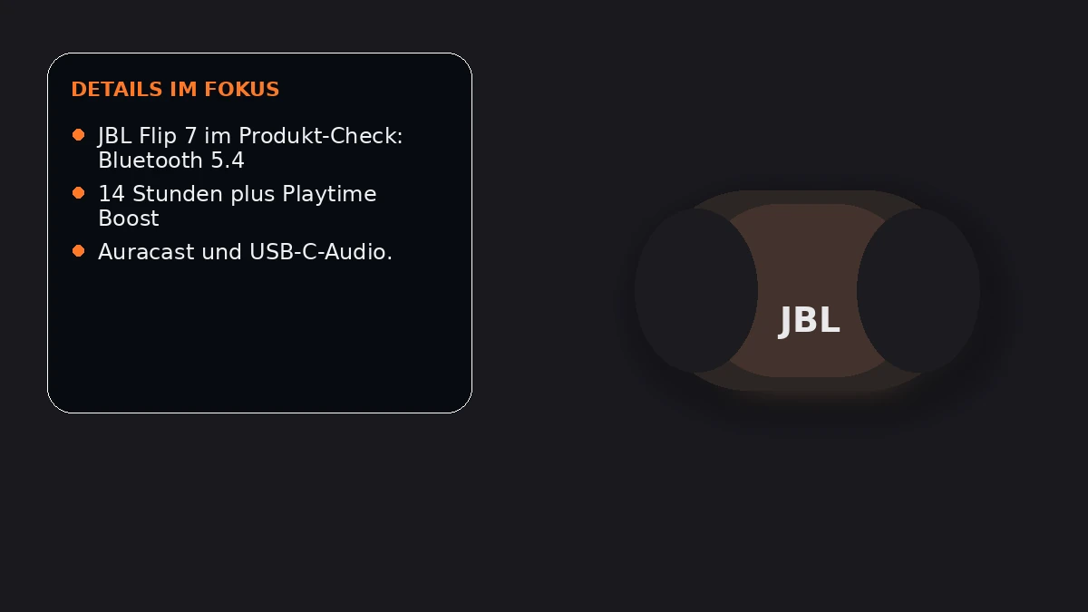 Produktvisual zum Check „JBL Flip 7 im Check: kompakter Allrounder mit IP68 und Auracast“