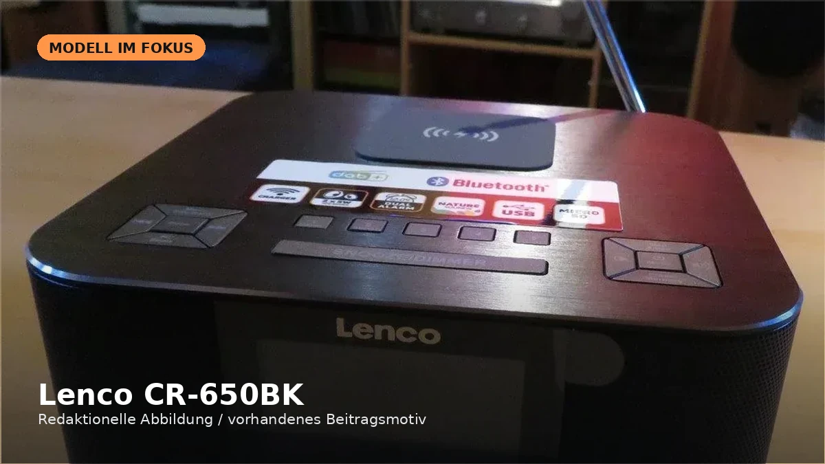 Produktvisual zum Check „Lenco CR-650BK im Check: DAB+-Radiowecker mit Bluetooth und Qi-Laden“