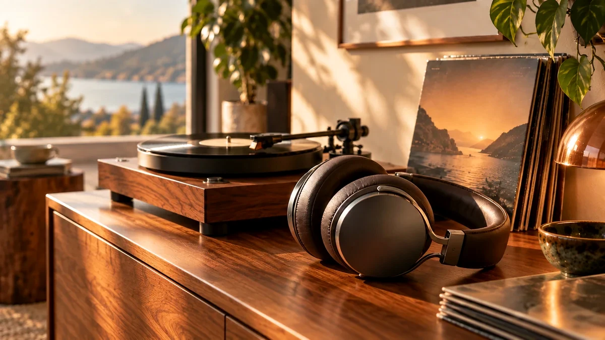 Plattenspieler und Kopfhörer in einem kompakten Vinyl-Setup