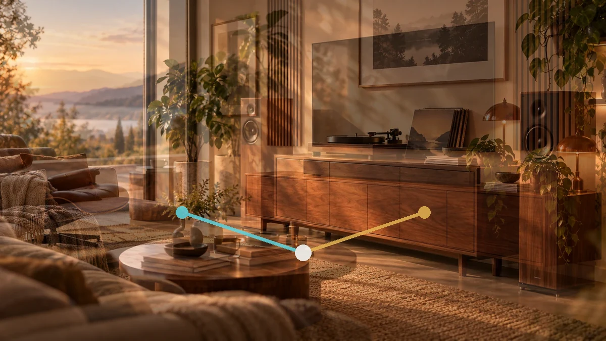 Stereo-Lautsprecher links und rechts eines Fernsehers im Wohnzimmer