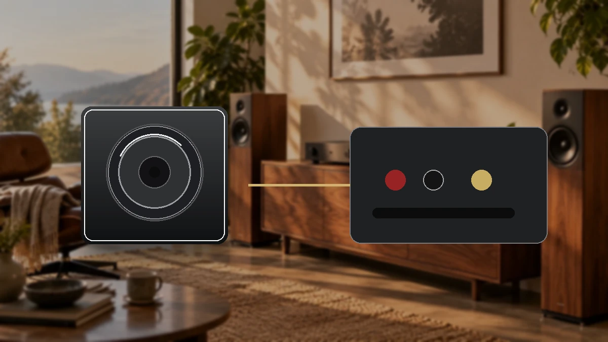 Redaktionelle Visualisierung eines kompakten geschlossenen 12-Zoll-Subwoofers im Stereo-Setup