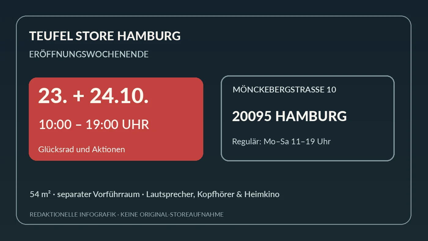 Redaktionelle Infografik mit Eröffnungstagen und Adresse des Teufel Stores Hamburg