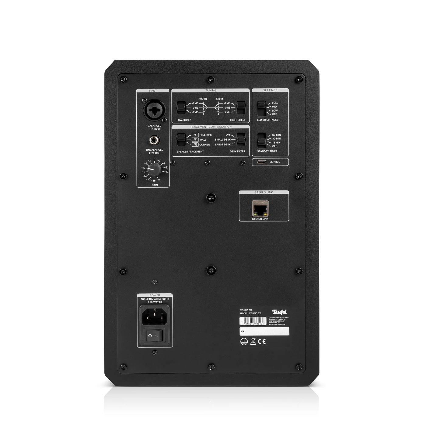 Rückseite des Teufel STUDIO 5X mit Anschlüssen und Einstellmöglichkeiten