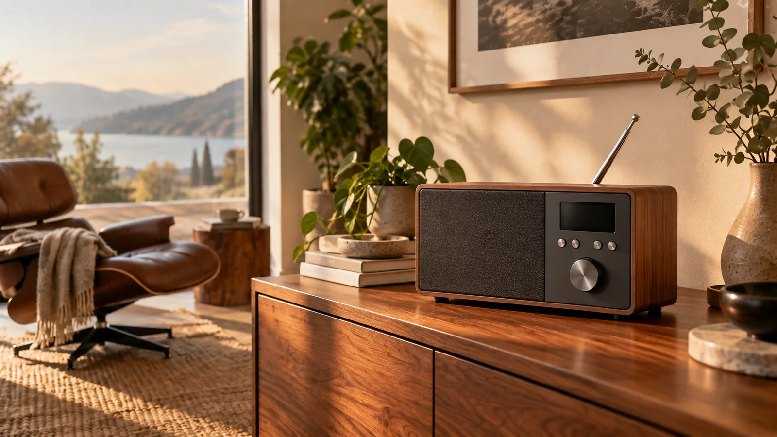 Retro-Radio in einem skandinavisch eingerichteten Wohnzimmer