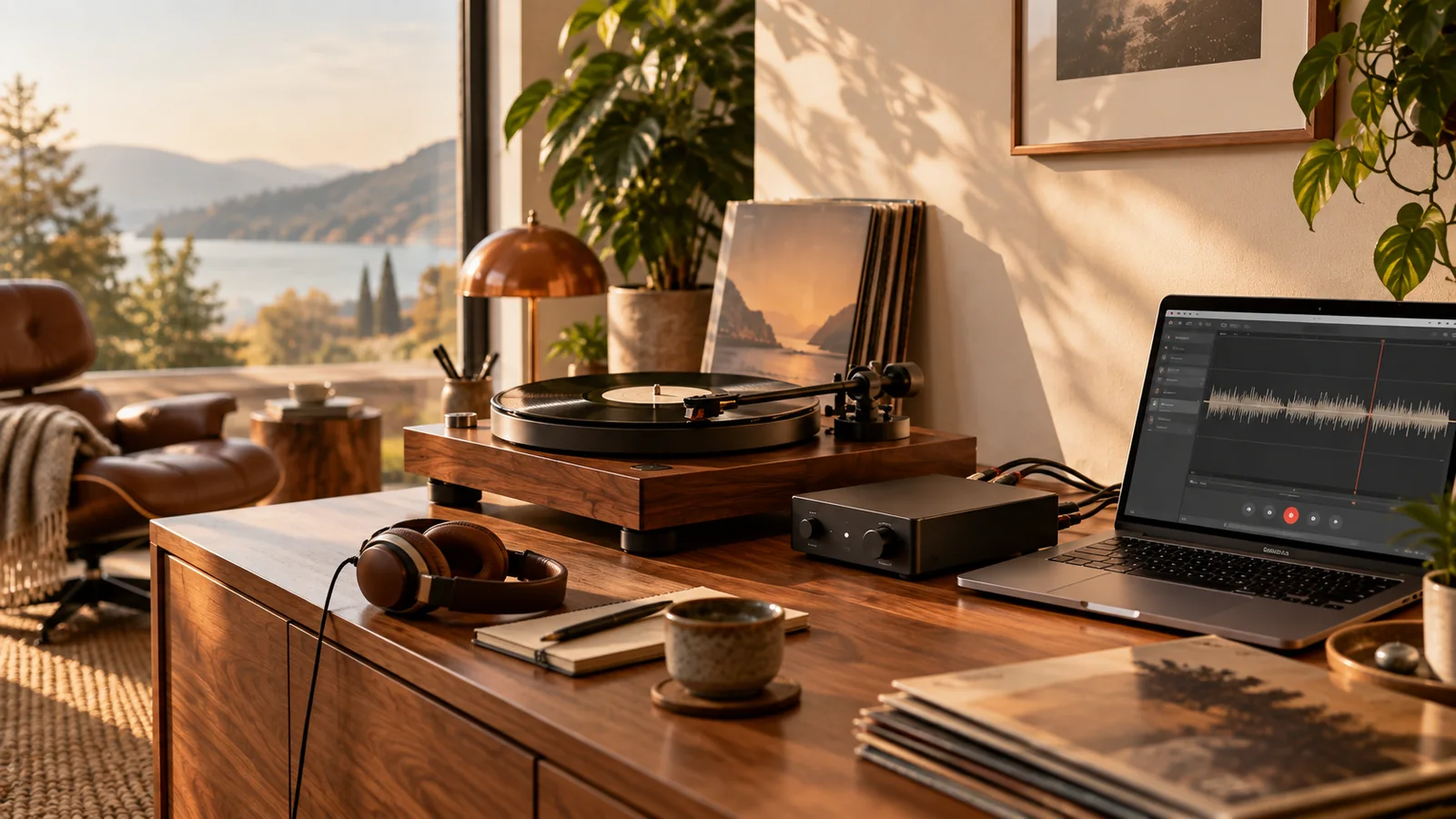 Digitalisierung von Vinyl in einer warm beleuchteten Arbeitsumgebung