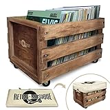 Retro Musique Holzkiste zur Aufbewahrung von 12' LP-Vinylschallplatten auf Rädern für bis zu 100 Alben (in PVC-Hüllen) mit hessischem Stoffüberzug (Eiche Finish)